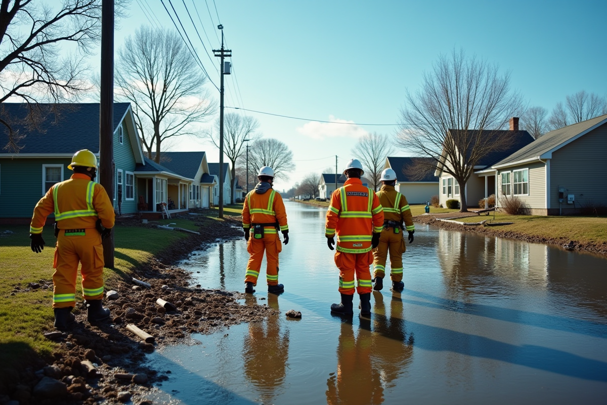 Secouristes évaluant les dégâts après une tempête