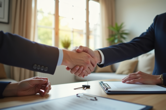 Personne et propriétaire se serrant la main dans un salon lumineux