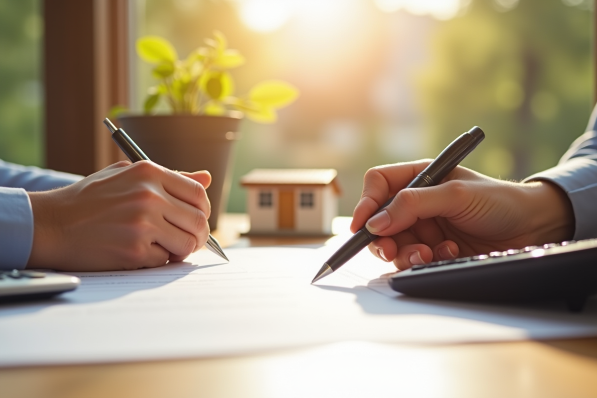 Main signant un contrat de location avec une calculatrice et une maison miniature