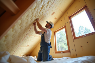 Ouvrier appliquant l'isolation sur plafond et toit moderne