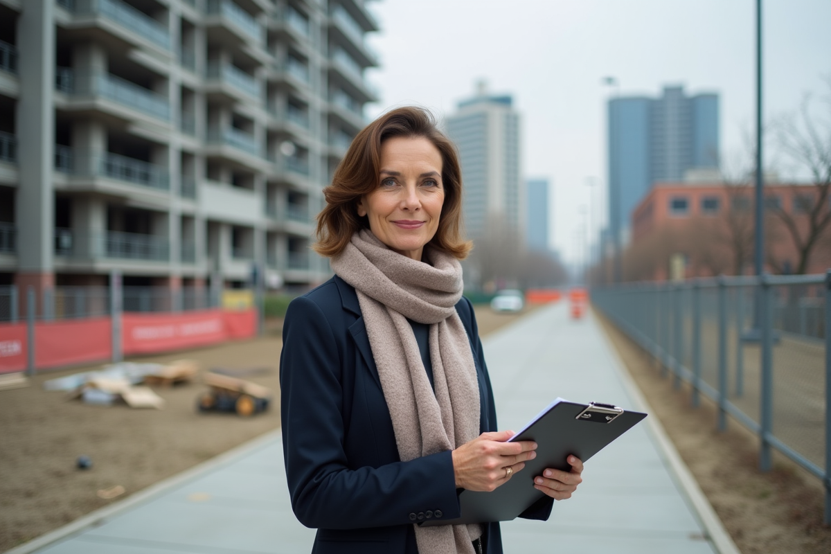 Urbaniste femme observant un chantier de construction en ville