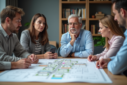 Groupe d'urbanistes et architectes en r&eacute;union dans un bureau