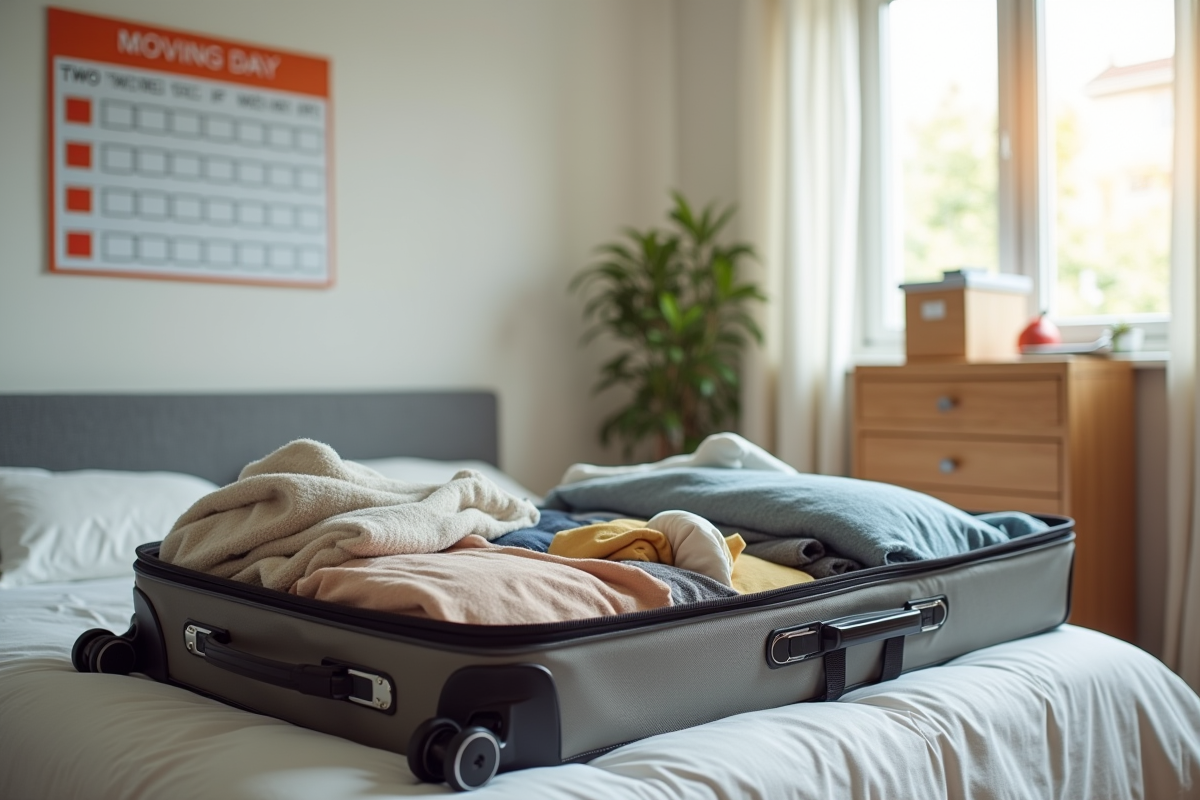 Valise ouverte avec vêtements et calendrier de déménagement