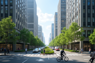 Rue animée en ville moderne avec gratte-ciel et piétons