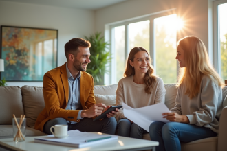 Couple avec agent immobilier dans un salon lumineux